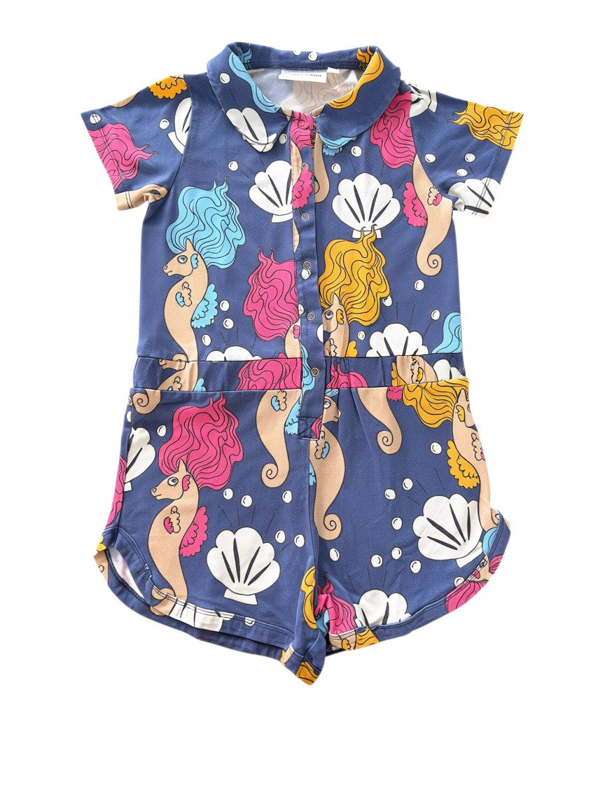 Mini Rodini Girls Navy Seahorse Print Jersey Collared Playsuit, 4-5Y / 104-110 - second hand baby clothing
