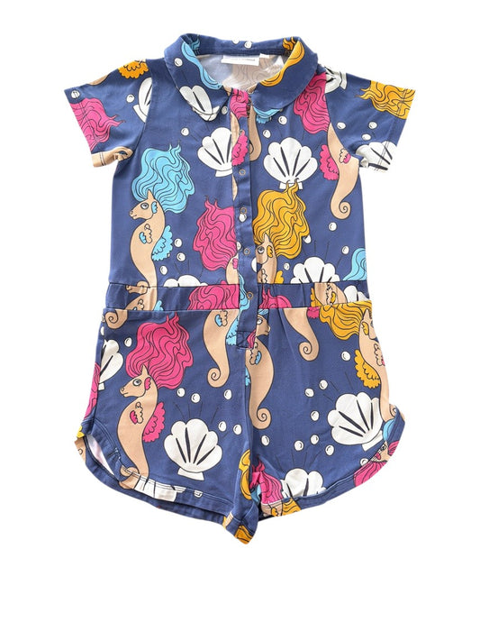 Mini Rodini Girls Navy Seahorse Print Jersey Collared Playsuit, 4-5Y / 104-110 - second hand baby clothing