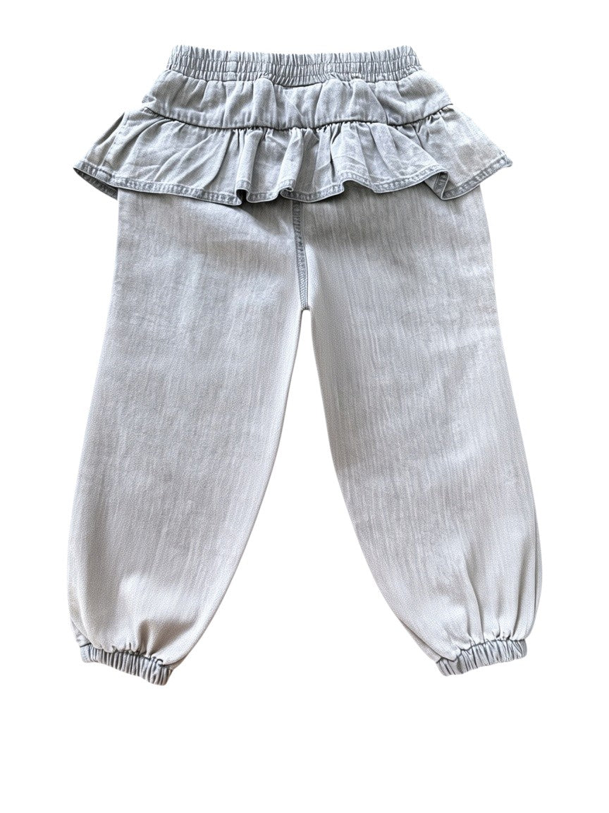 Minymo Girl Grey Ruffle Denim Pants, 18M / 86 - second hand baby clothing