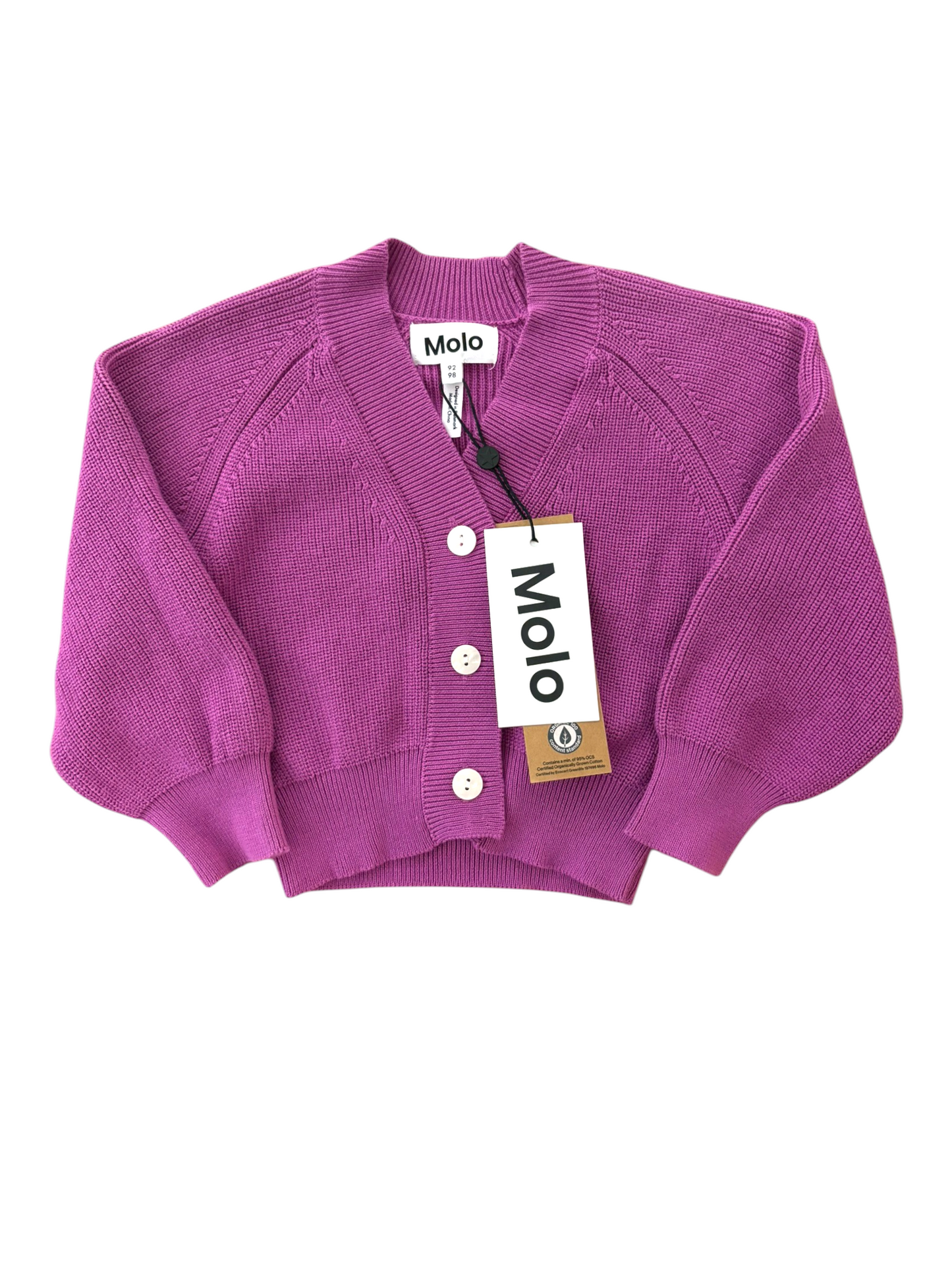 Molo Girl Purple Ribbed Organic Cotton Cardigan, 2–4Y