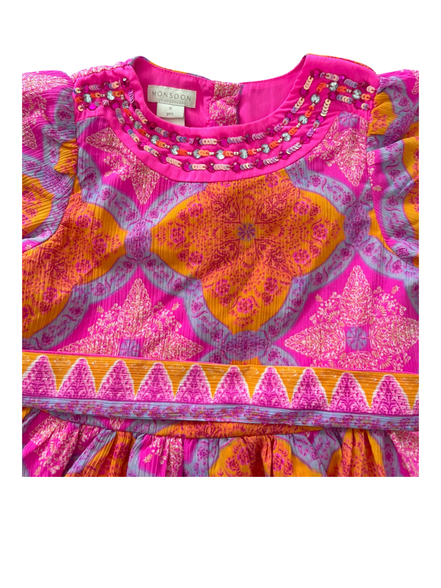 Monsoon Hot Pink Printed Cinched Waist Dress size 3Y - second hand baby clothing