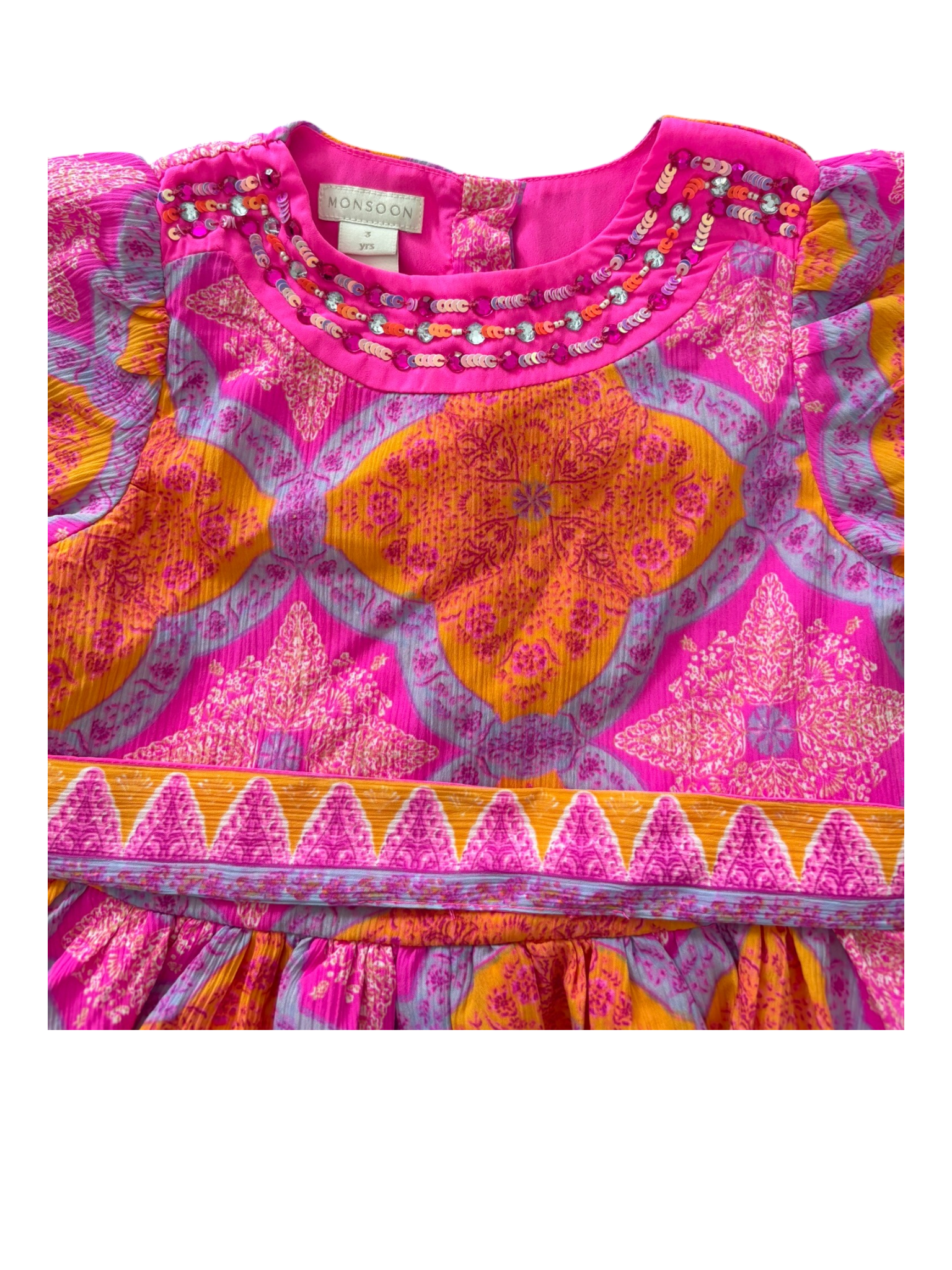 Monsoon Hot Pink Printed Cinched Waist Dress size 3Y - second hand baby clothing