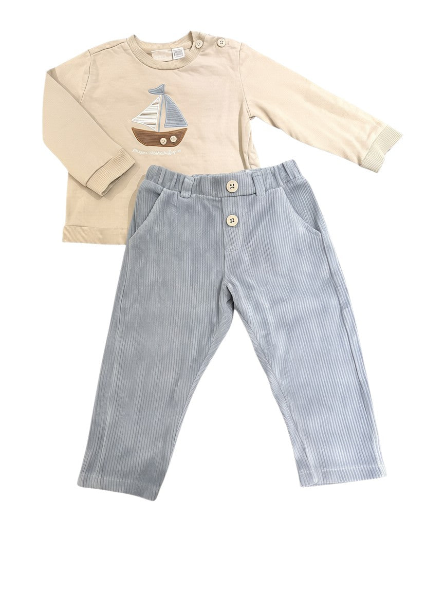 My First Chicco Beige Sailboat Top & Grey Corduroy Pants Set size 12M / 76 - second hand baby clothing