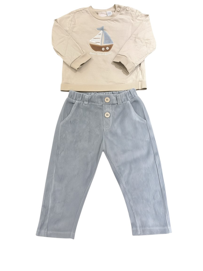 My First Chicco Beige Sailboat Top & Grey Corduroy Pants Set size 12M / 76 - second hand baby clothing