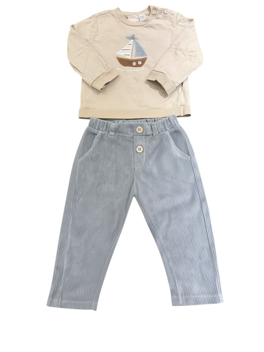 My First Chicco Beige Sailboat Top & Grey Corduroy Pants Set size 12M / 76 - second hand baby clothing