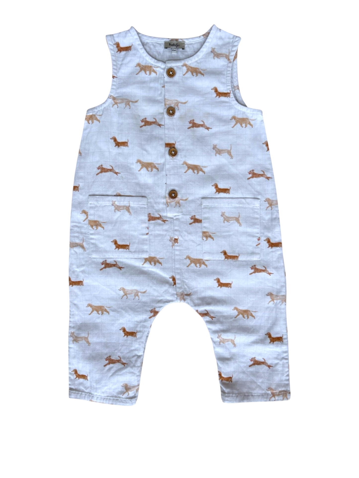 Natalys White Dogs Playsuit size 12M - second hand baby clothing