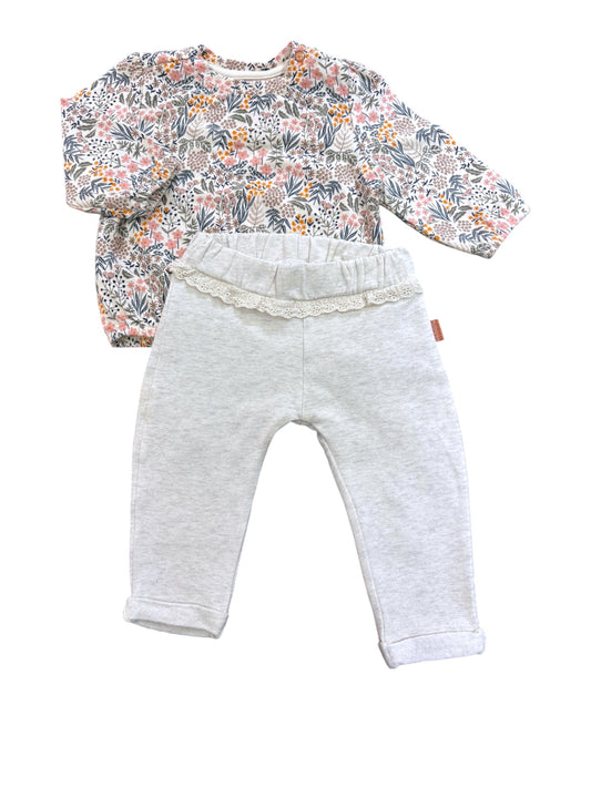 Noppies Floral Top & Gray Lace Pants Set (2-4M)