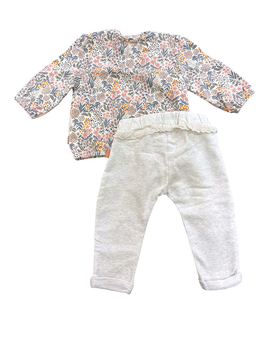 Noppies Floral Top & Gray Lace Pants Set (2-4M)