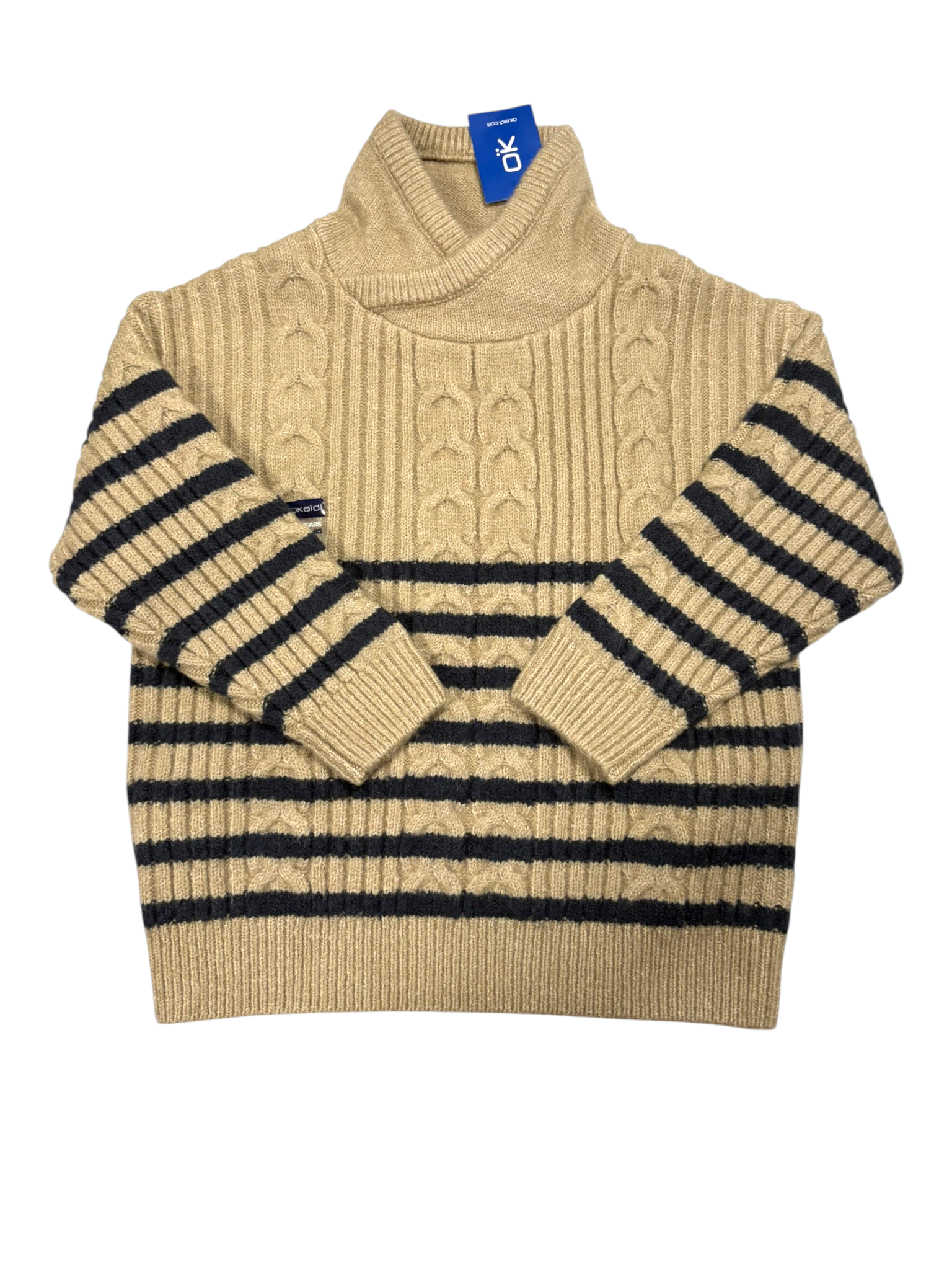 Okaïdi Unisex Beige & Black Striped Cable Knit Turtleneck Sweater, 3Y / 98 - second hand baby clothing