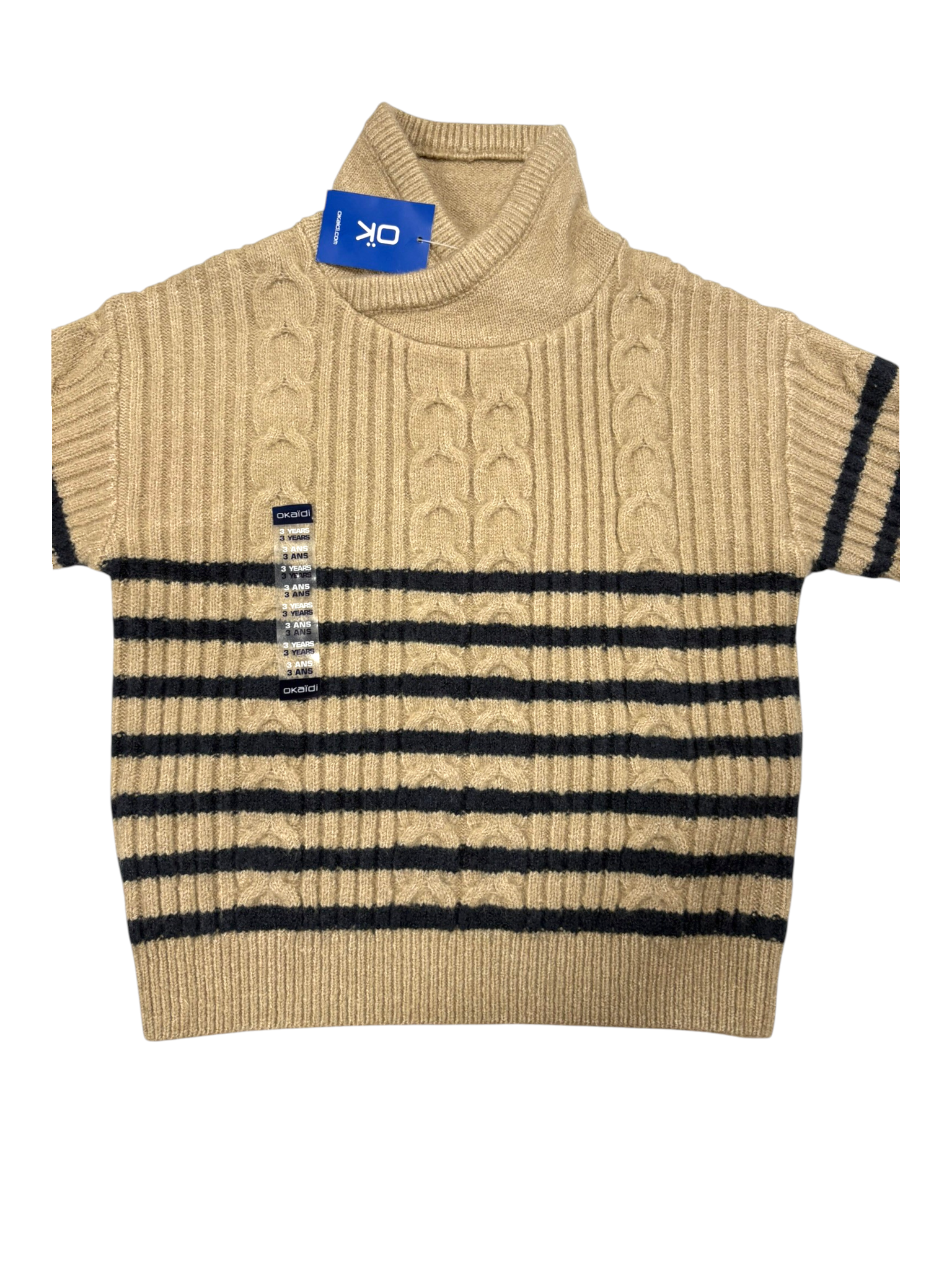Okaïdi Unisex Beige & Black Striped Cable Knit Turtleneck Sweater, 3Y / 98 - second hand baby clothing