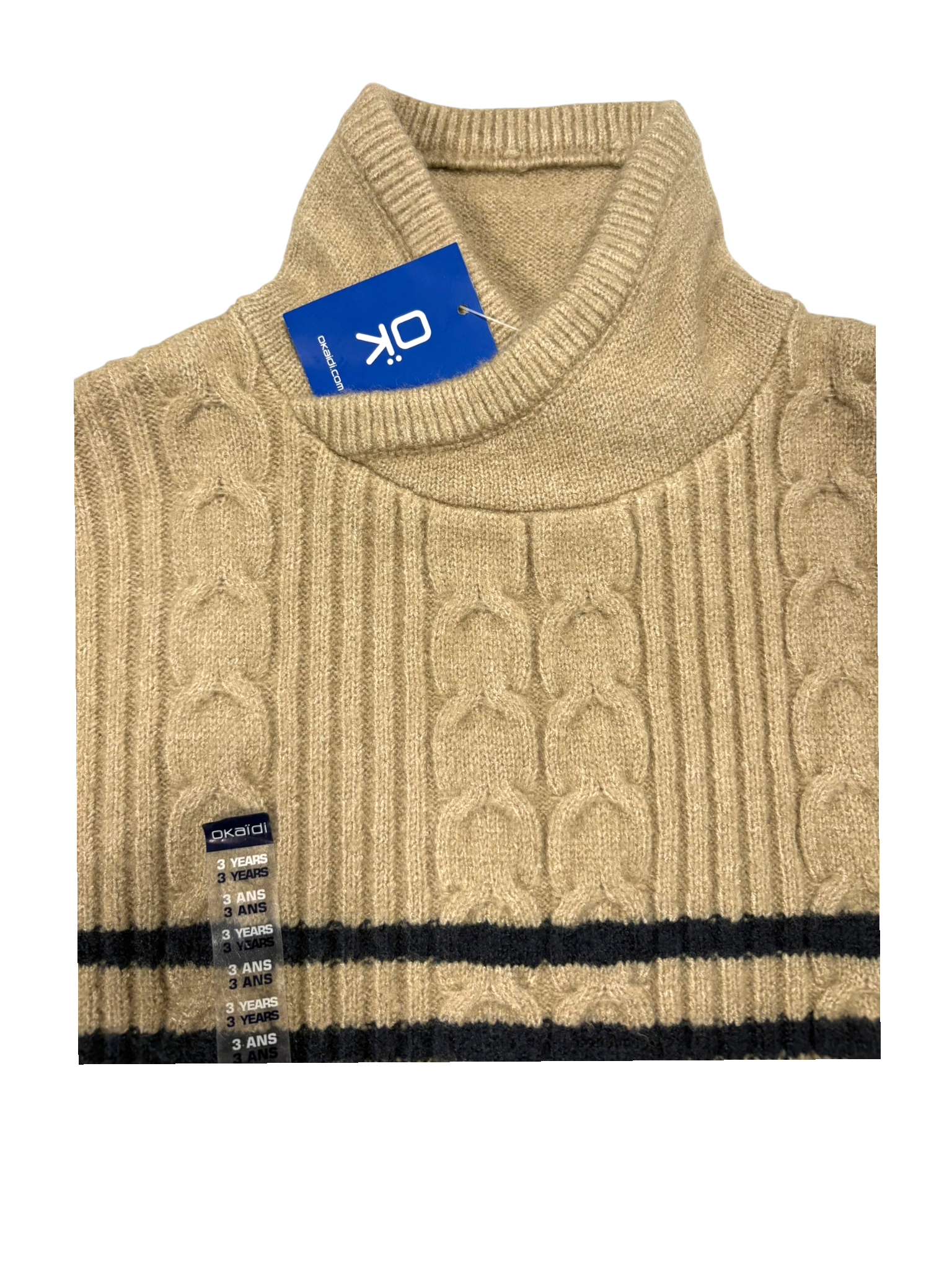 Okaïdi Unisex Beige & Black Striped Cable Knit Turtleneck Sweater, 3Y / 98 - second hand baby clothing