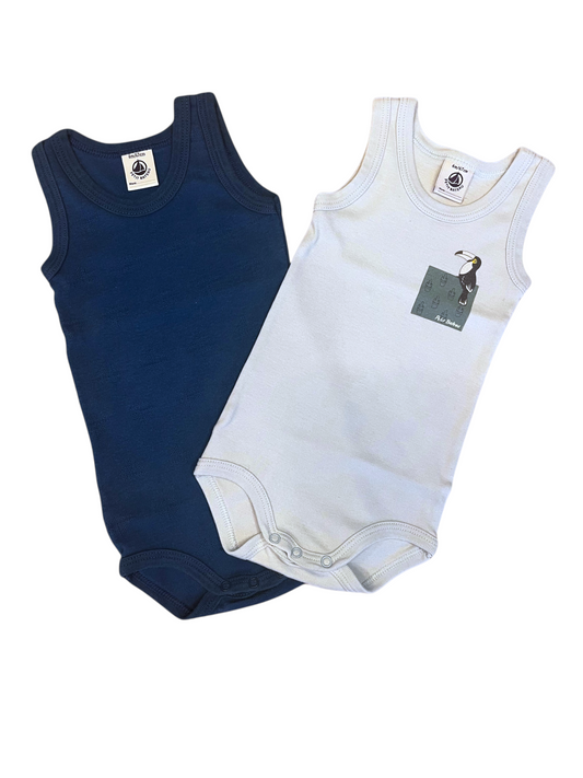 Petit Bateau Bundle: 2 Sleeveless Bodysuits in Royal Blue & Light Blue size 6M - second hand baby clothing