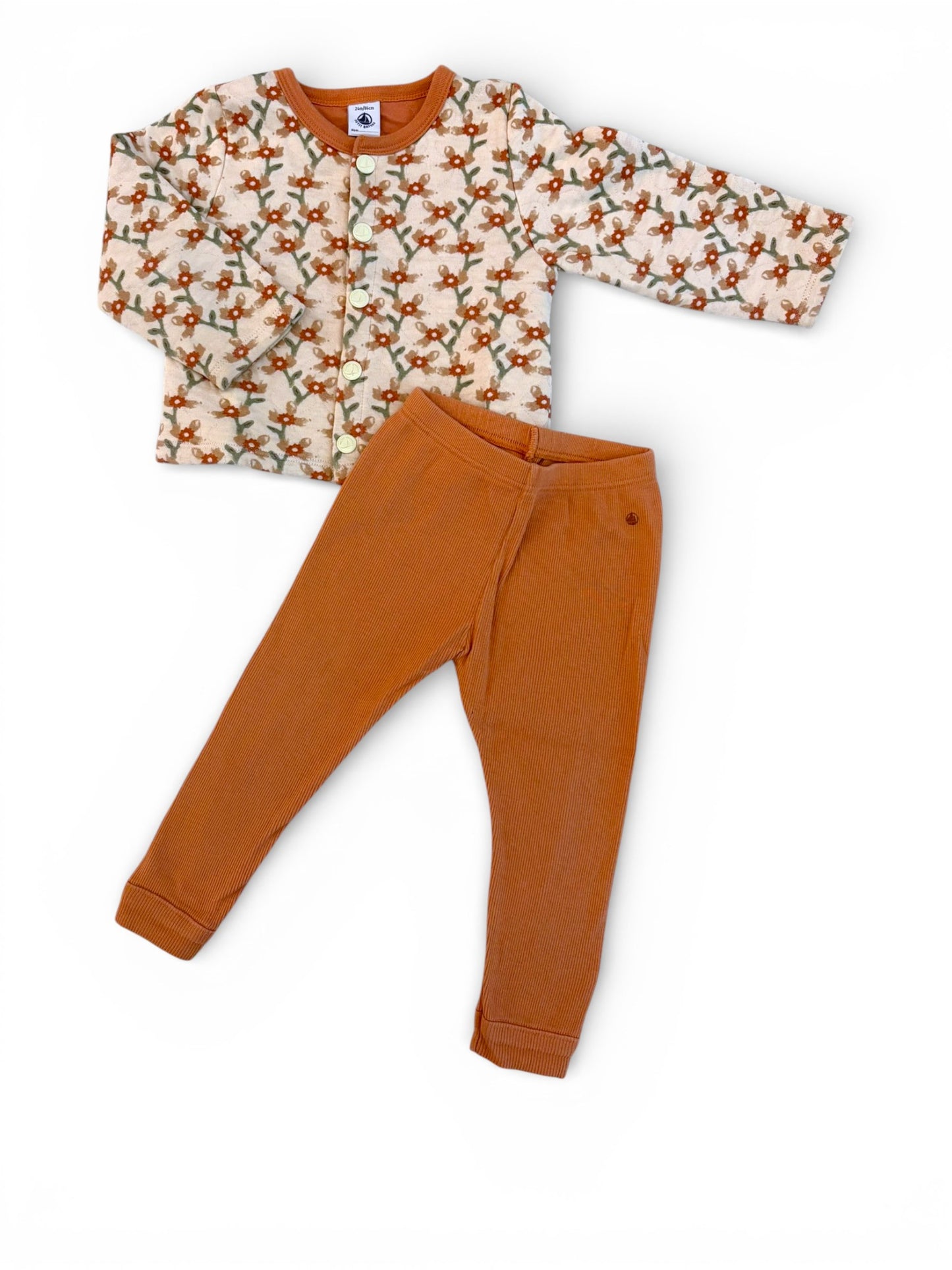 Petit Bateau Floral Cardigan & Rust Pants Set (24M / 86)