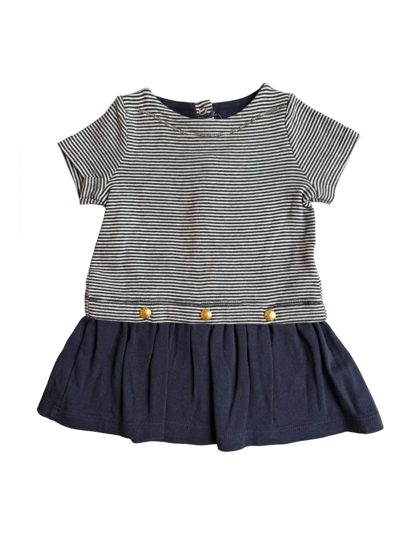 Petit Bateau Marineblaues, weiß gestreiftes Kleid mit goldenen Knöpfen (3 m/60 cm)