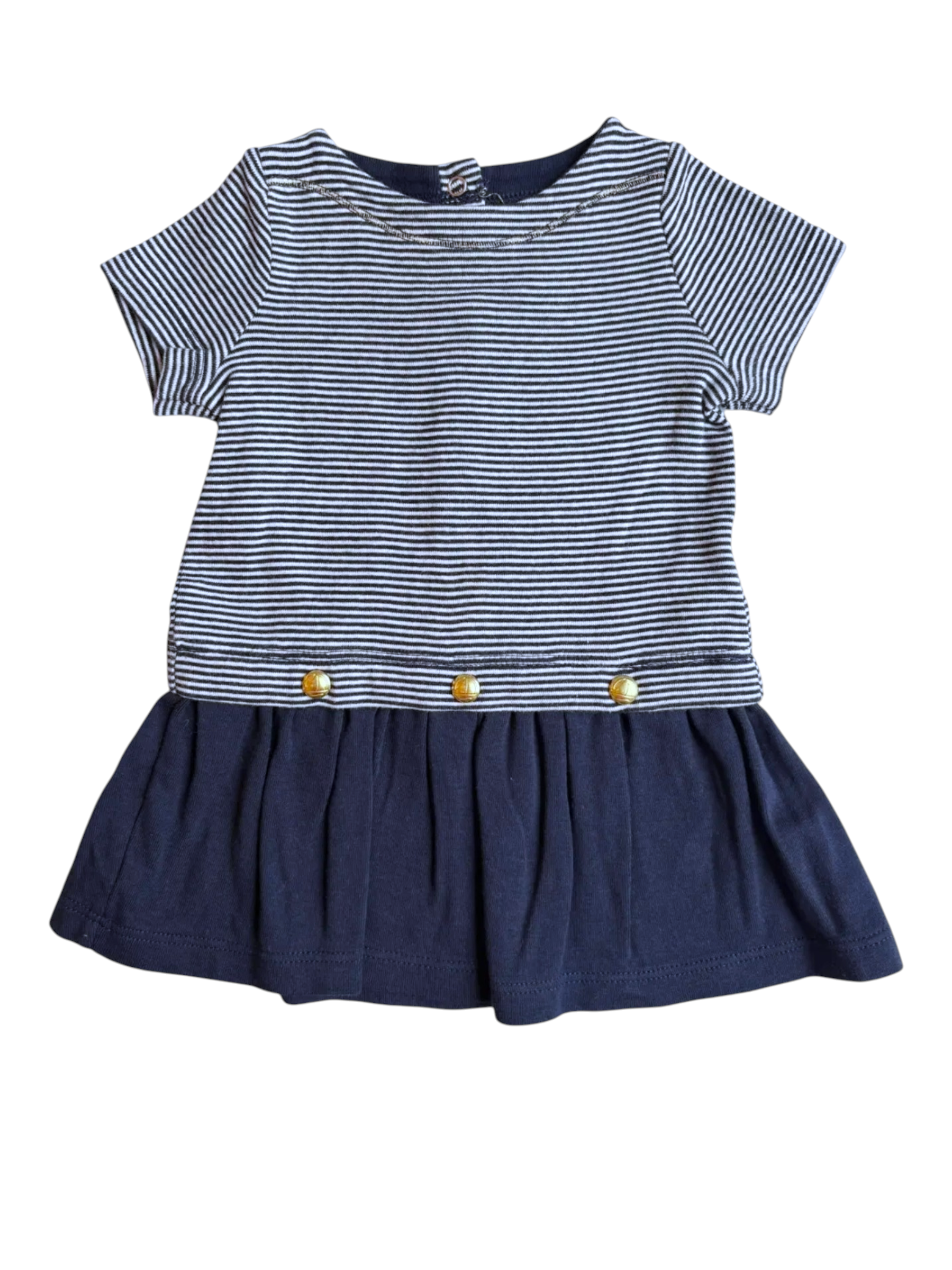 Petit Bateau Navy White Striped Dress Gold Buttons size 3M / 60cm - second hand baby clothing