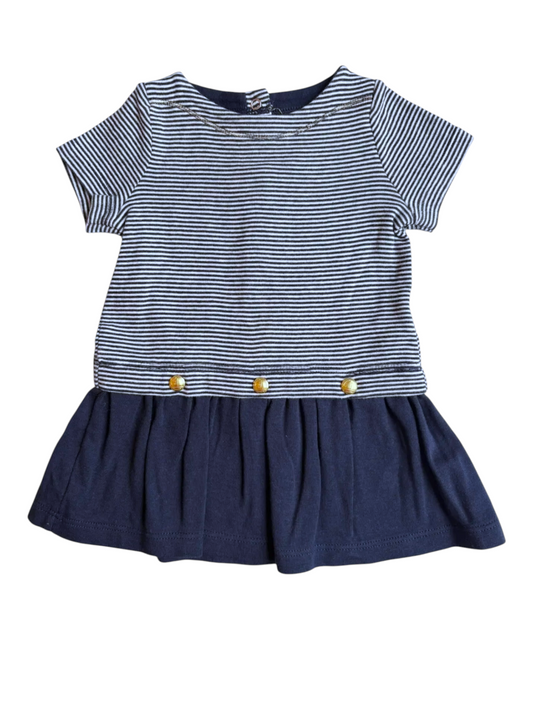 Petit Bateau Navy White Striped Dress Gold Buttons size 3M / 60cm - second hand baby clothing