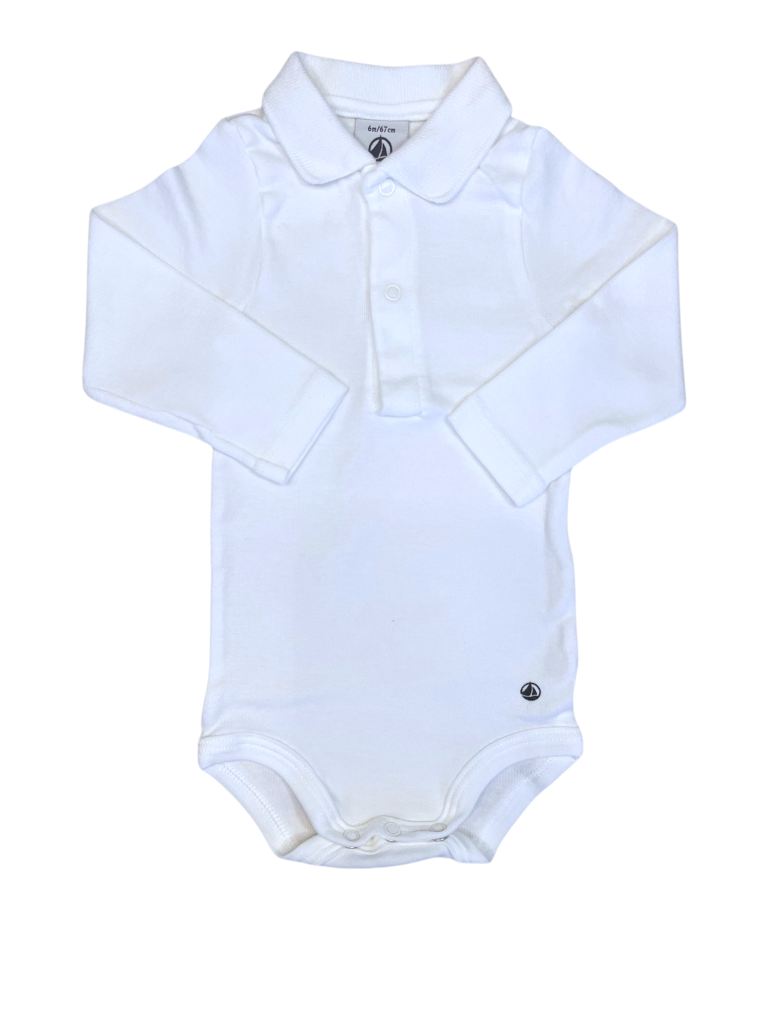 Petit Bateau Long Sleeve Polo Shirt Bodysuit in White size 6M - second hand baby clothing