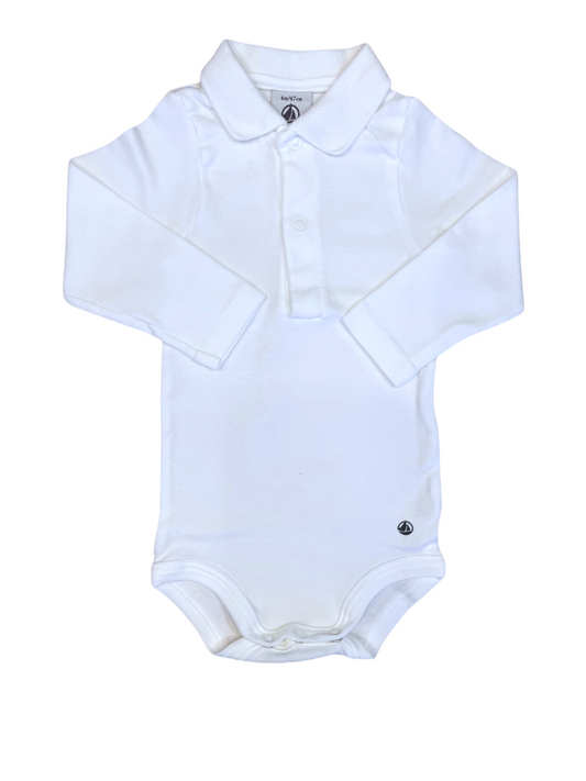 Petit Bateau Long Sleeve Polo Shirt Bodysuit in White size 6M - second hand baby clothing