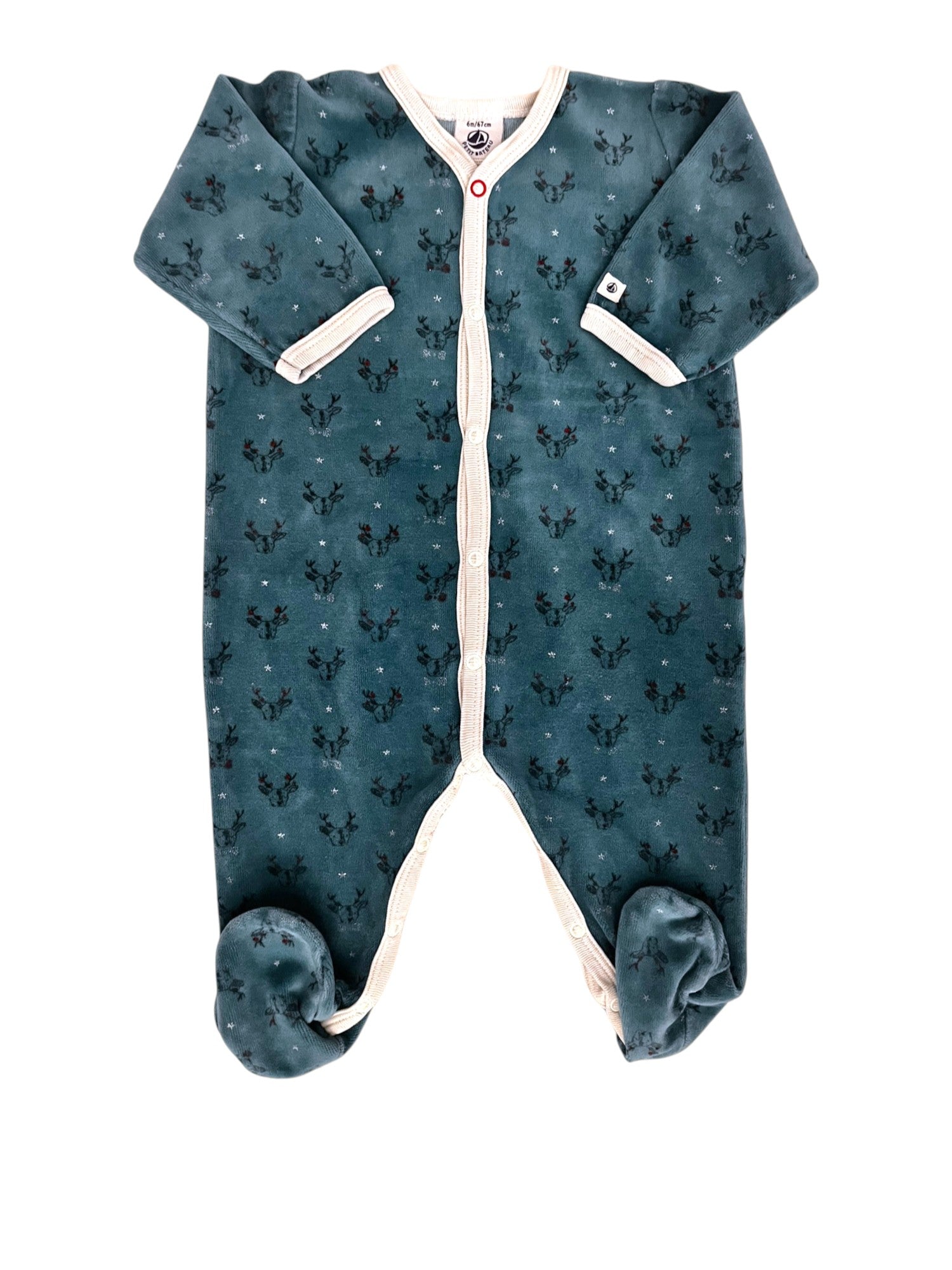 Petit Bateau Teal Reindeer Velour Pajamas (6M) - second hand baby clothing