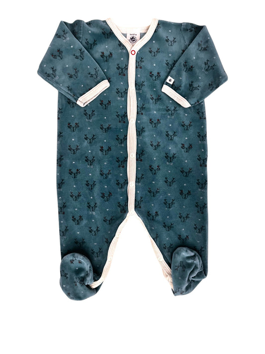 Petit Bateau Teal Reindeer Velour Pajamas (6M) - second hand baby clothing