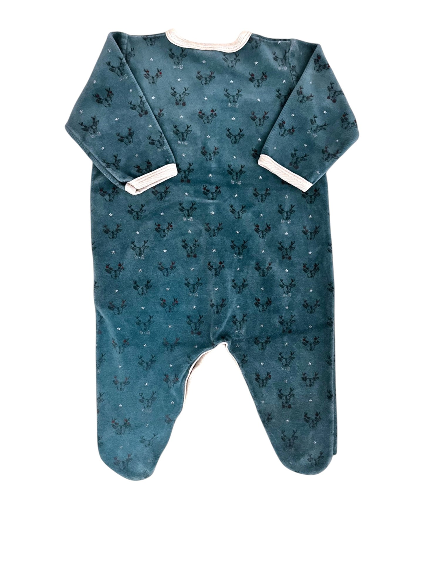 Petit Bateau Teal Reindeer Velour Pajamas (6M) - second hand baby clothing