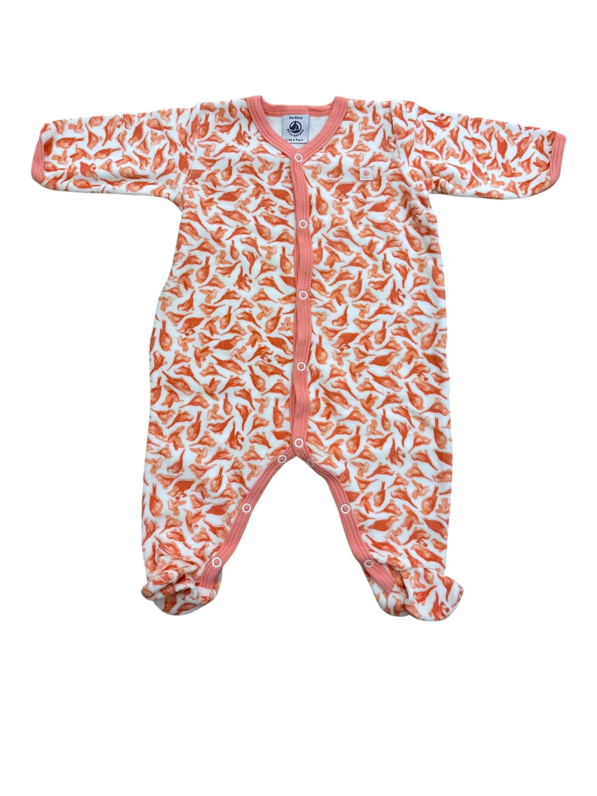 Petit Bateau Girl Coral Bird Print Velour Footed Pyjamas, 3M / 60 - second hand baby clothing
