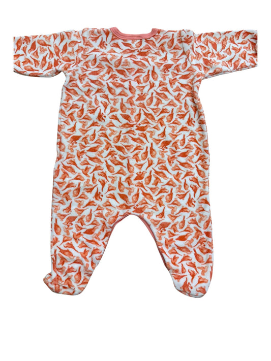 Petit Bateau Girl Coral Bird Print Velour Footed Pyjamas, 3M / 60 - second hand baby clothing