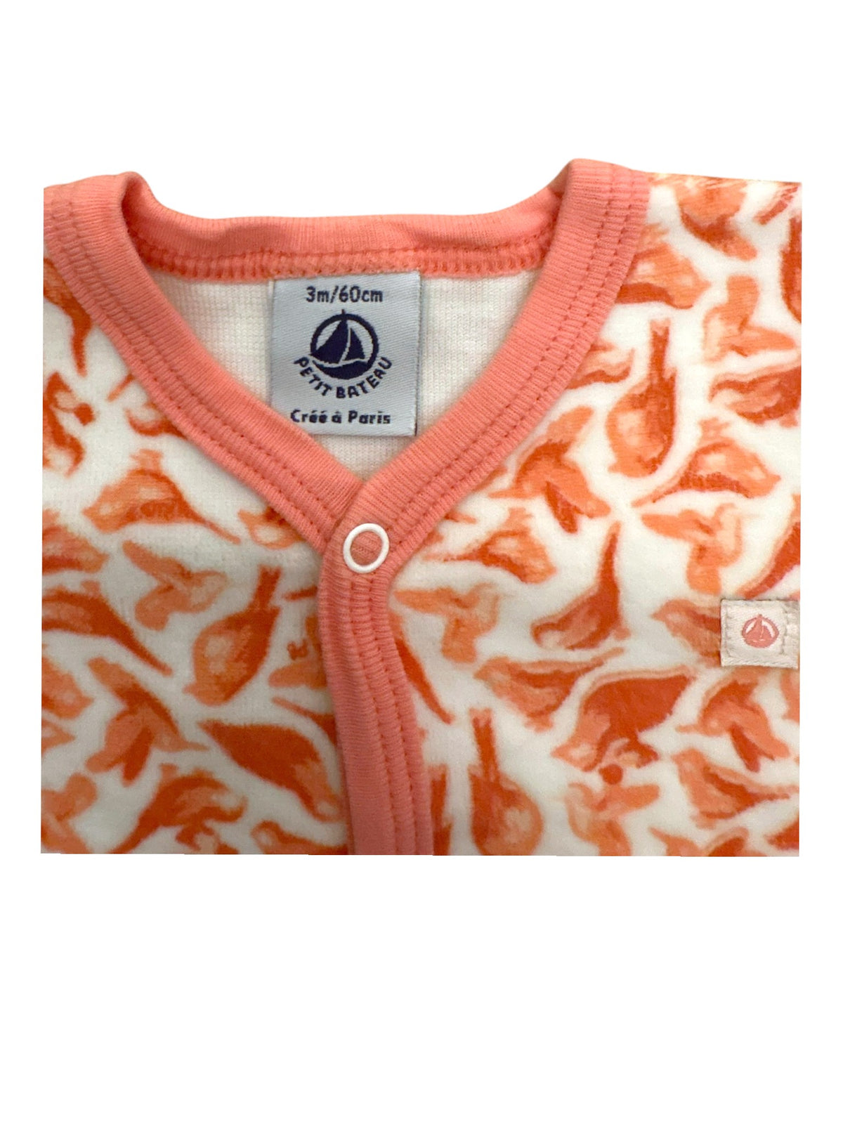 Petit Bateau Girl Coral Bird Print Velour Footed Pyjamas, 3M / 60 - second hand baby clothing