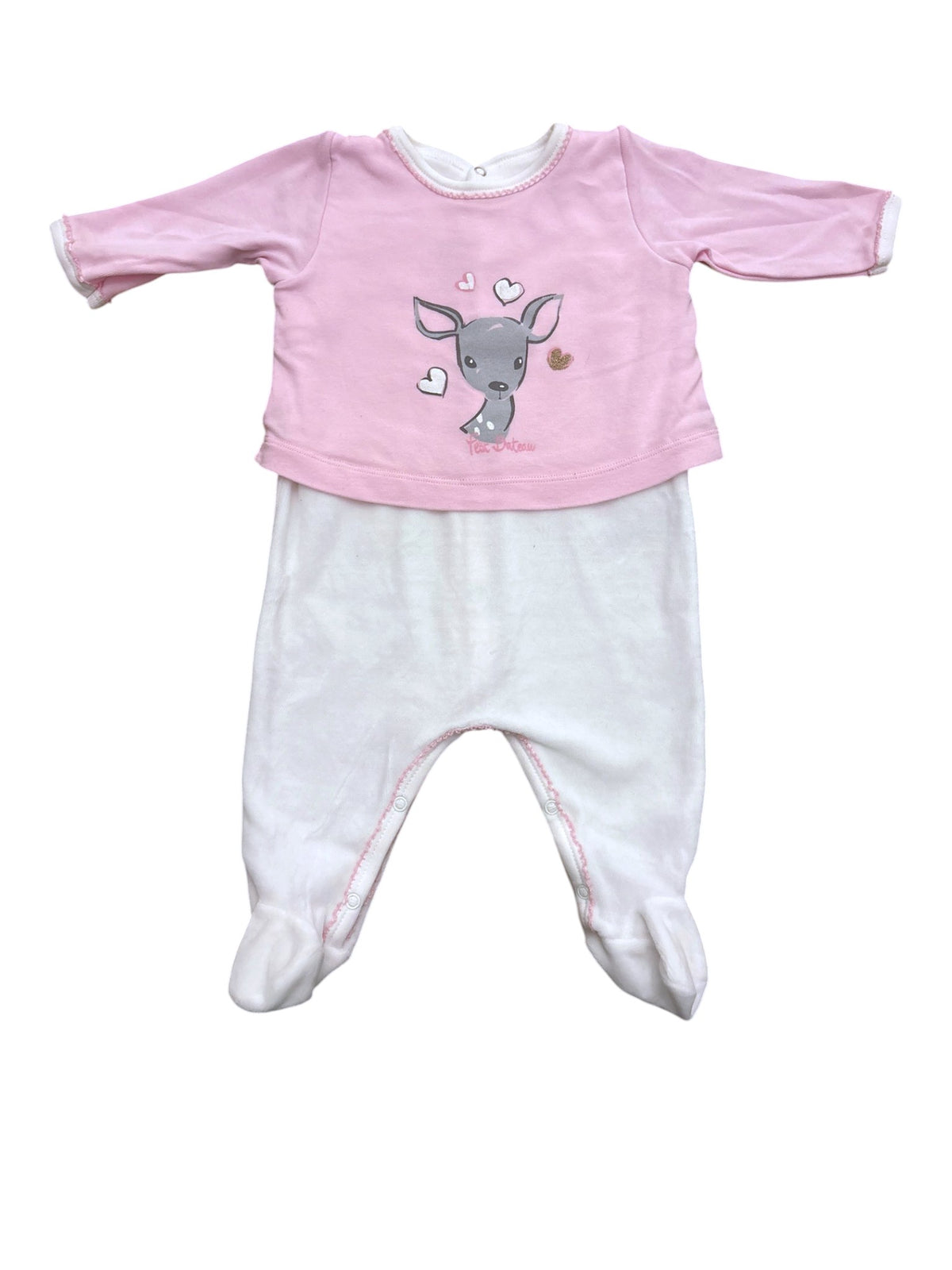 Petit Bateau Girl Pink White Fawn Velour 2-in-1 Footed Pyjamas, 3M / 60 - second hand baby clothing