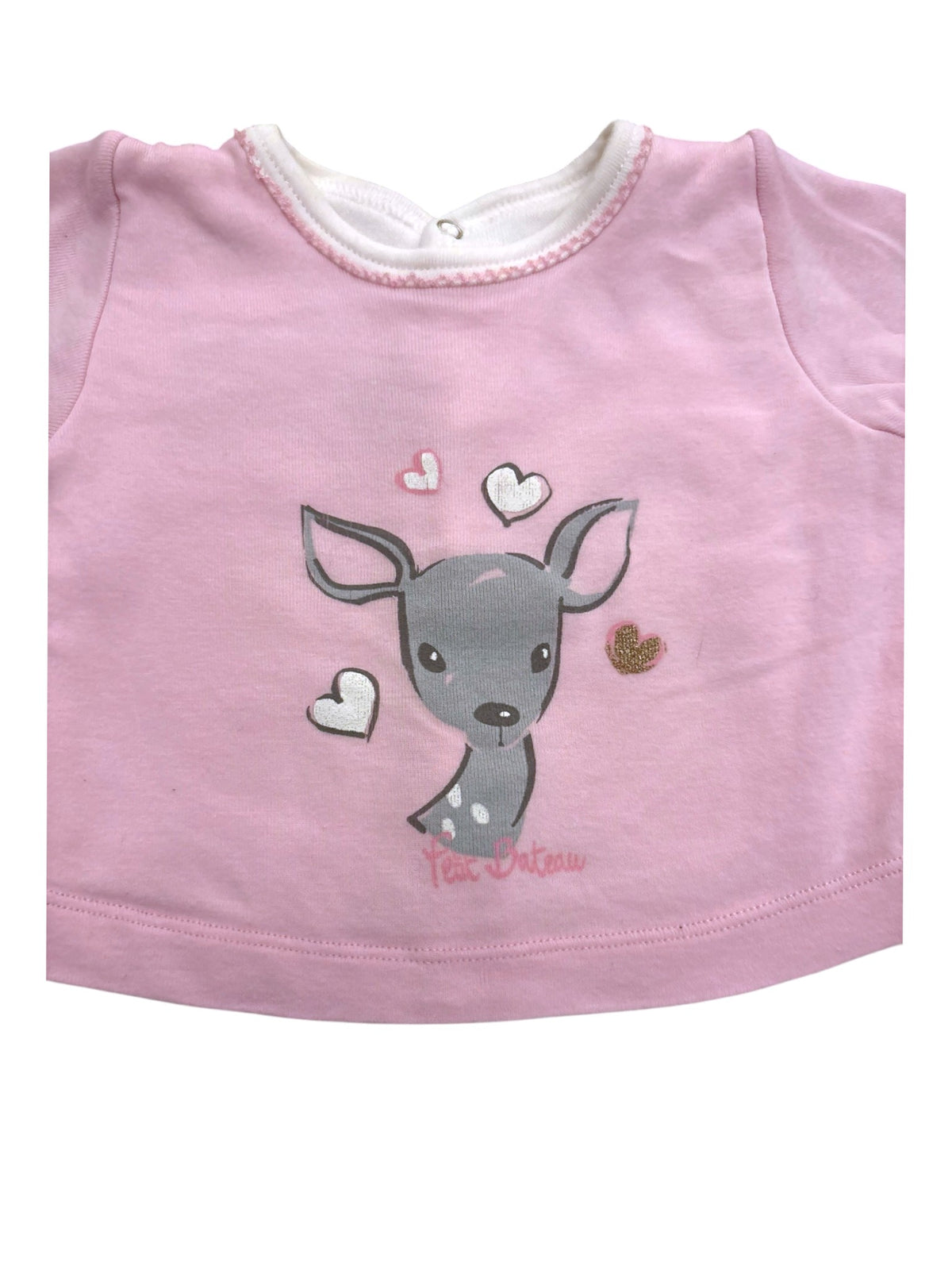 Petit Bateau Girl Pink White Fawn Velour 2-in-1 Footed Pyjamas, 3M / 60 - second hand baby clothing