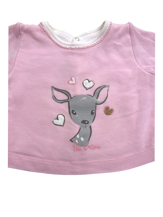 Petit Bateau Girl Pink White Fawn Velour 2-in-1 Footed Pyjamas, 3M / 60 - second hand baby clothing