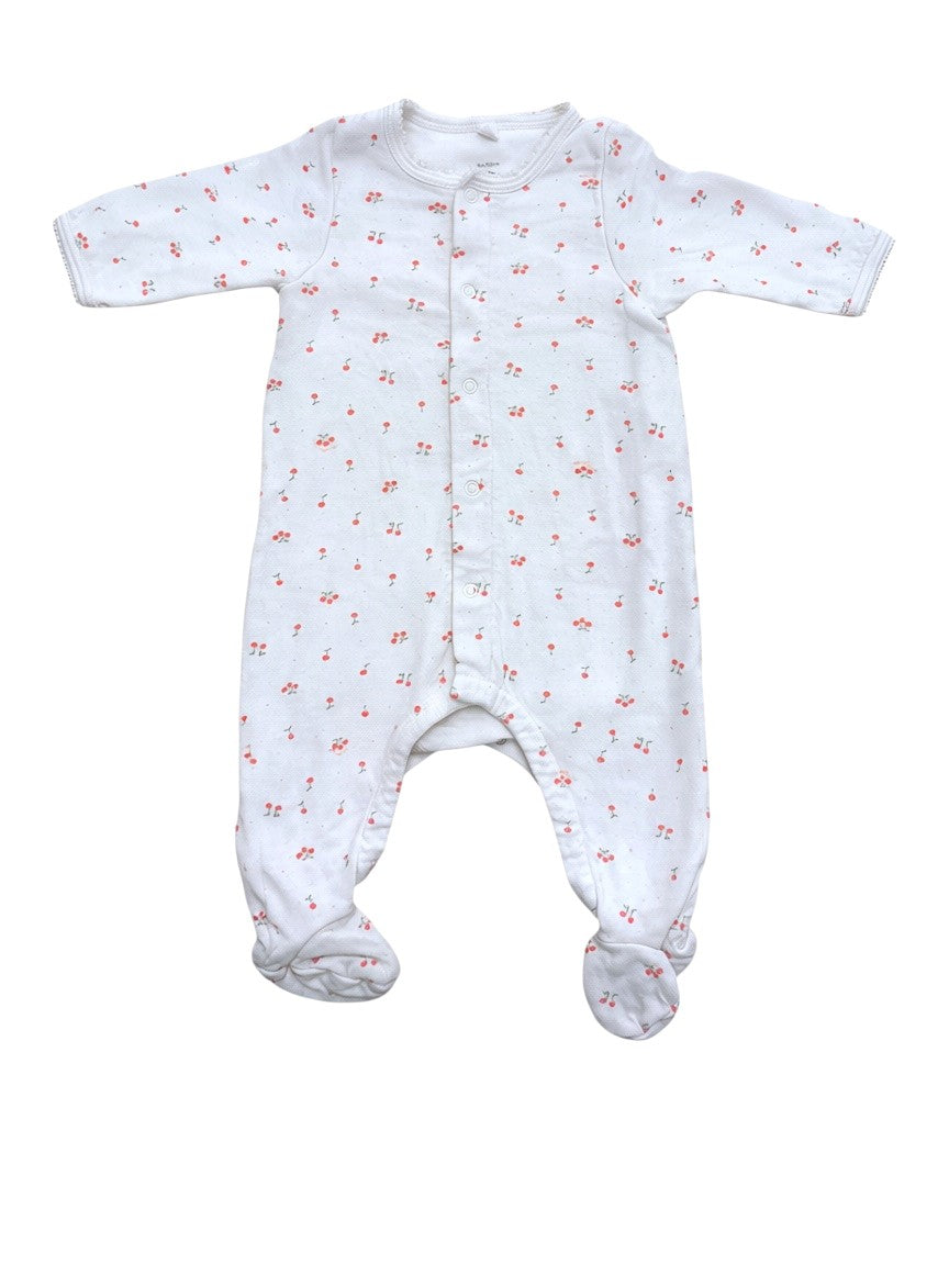 Petit Bateau Girl White Cherry Print Cotton Footed Pyjamas, 3M / 60 - second hand baby clothing