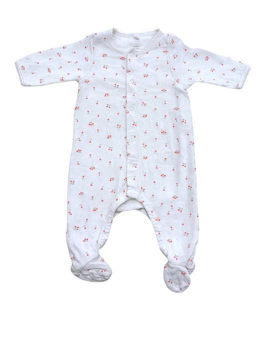 Petit Bateau Girl White Cherry Print Cotton Footed Pyjamas, 3M / 60 - second hand baby clothing