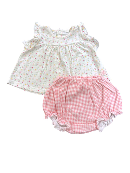 Petit Bateau White Floral Top & Pink Gingham Bloomer Set (3M)