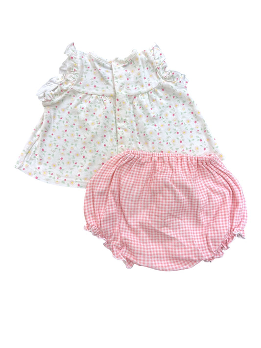 Petit Bateau White Floral Top & Pink Gingham Bloomer Set (3M)