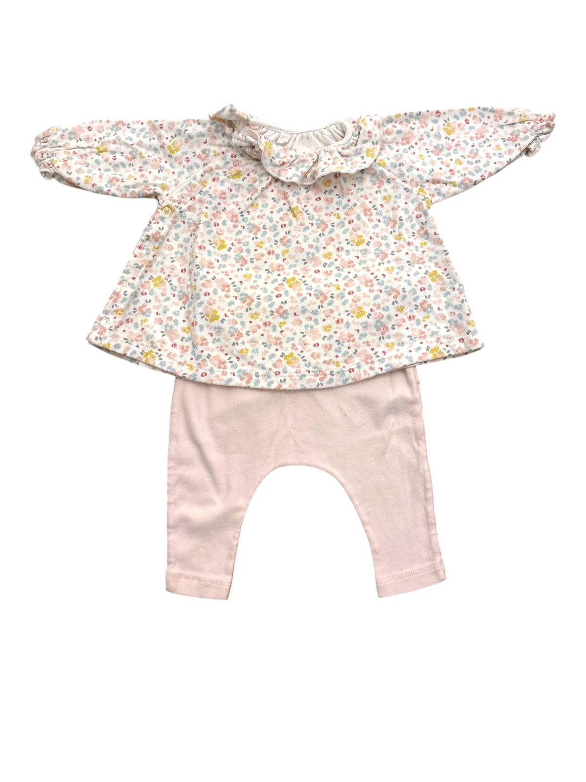 Petit Bateau Girl White Pink Floral Ruffle Collar Top & Leggings Set, 3M / 60 - second hand baby clothing