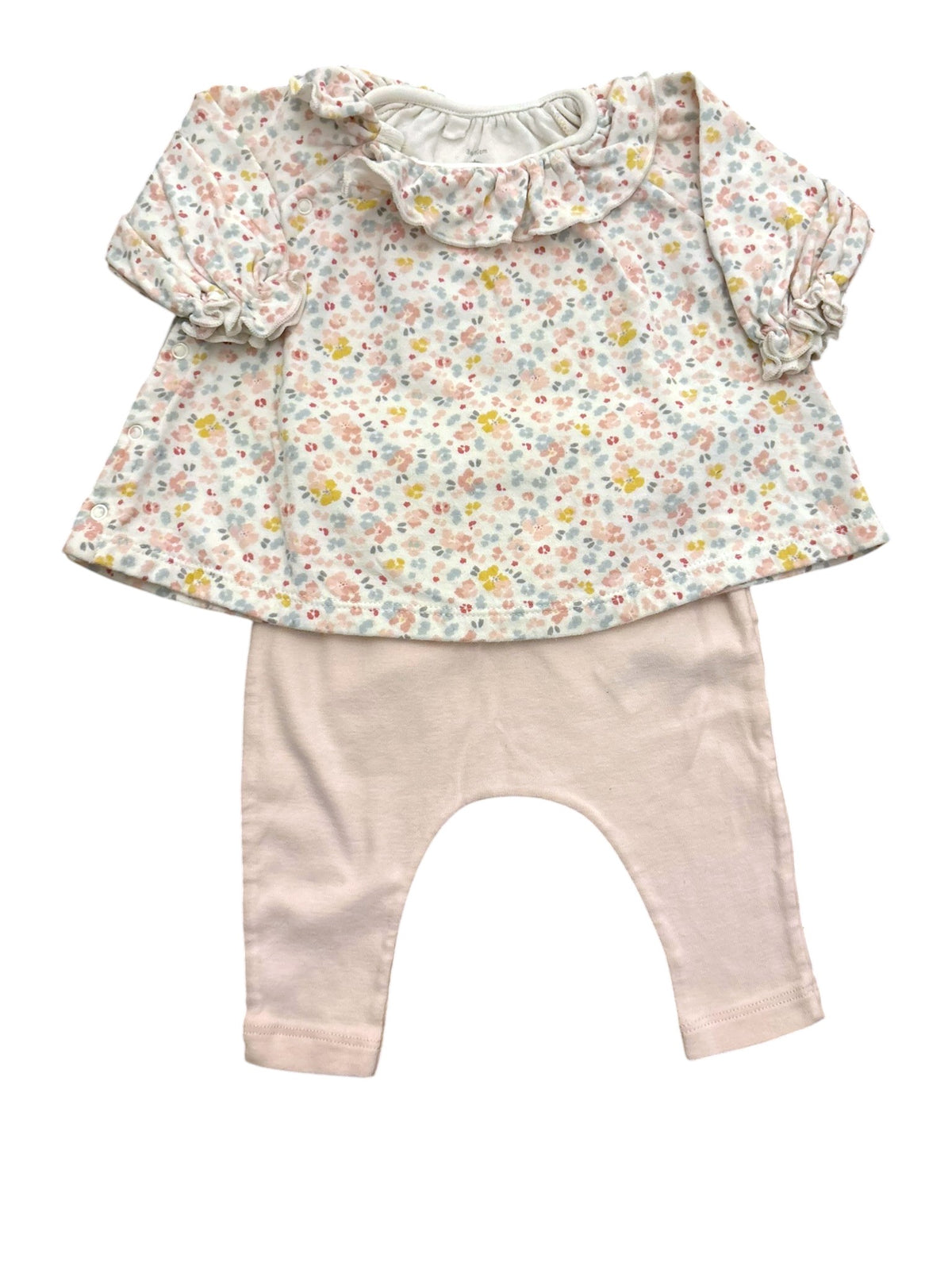 Petit Bateau Girl White Pink Floral Ruffle Collar Top & Leggings Set, 3M / 60 - second hand baby clothing