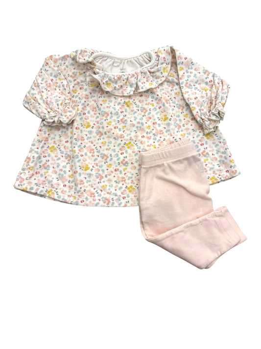 Petit Bateau Girl White Pink Floral Ruffle Collar Top & Leggings Set, 3M / 60 - second hand baby clothing