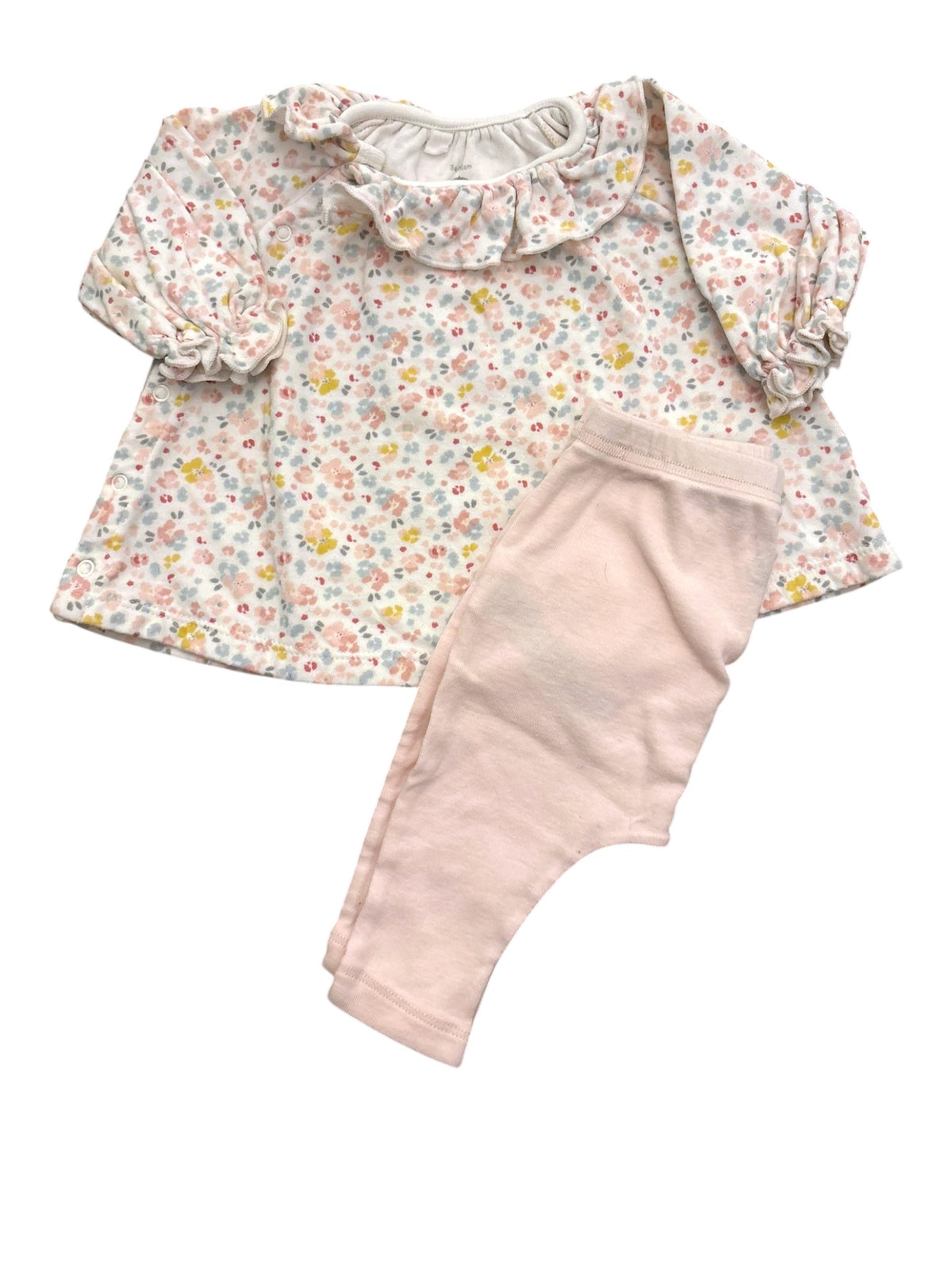 Petit Bateau Girl White Pink Floral Ruffle Collar Top & Leggings Set, 3M / 60 - second hand baby clothing