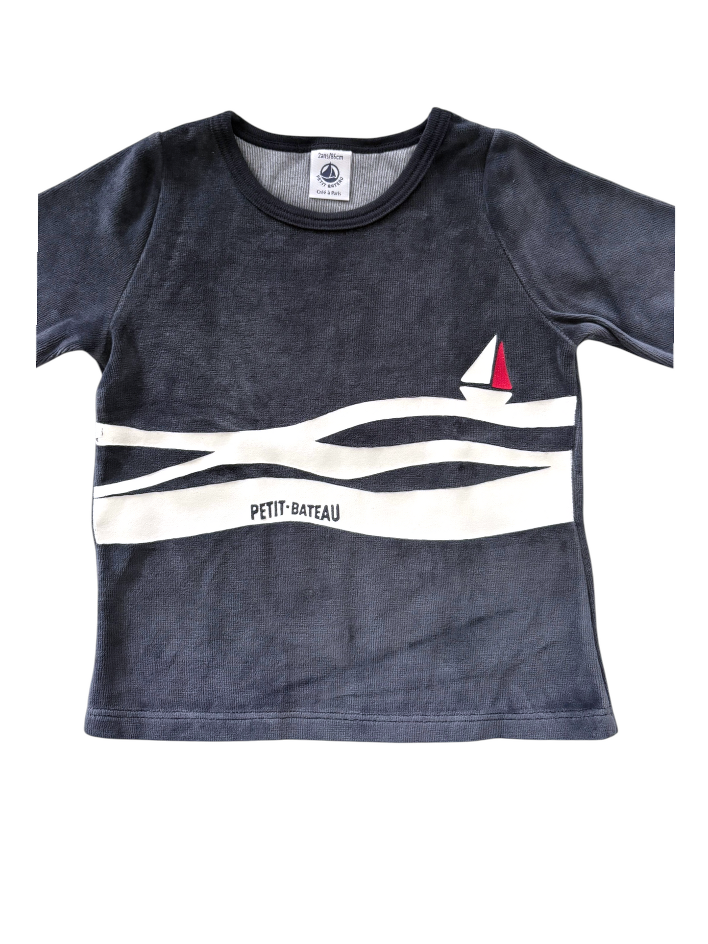 Petit Bateau Boy Navy Sailboat Velour Top, 2Y / 86