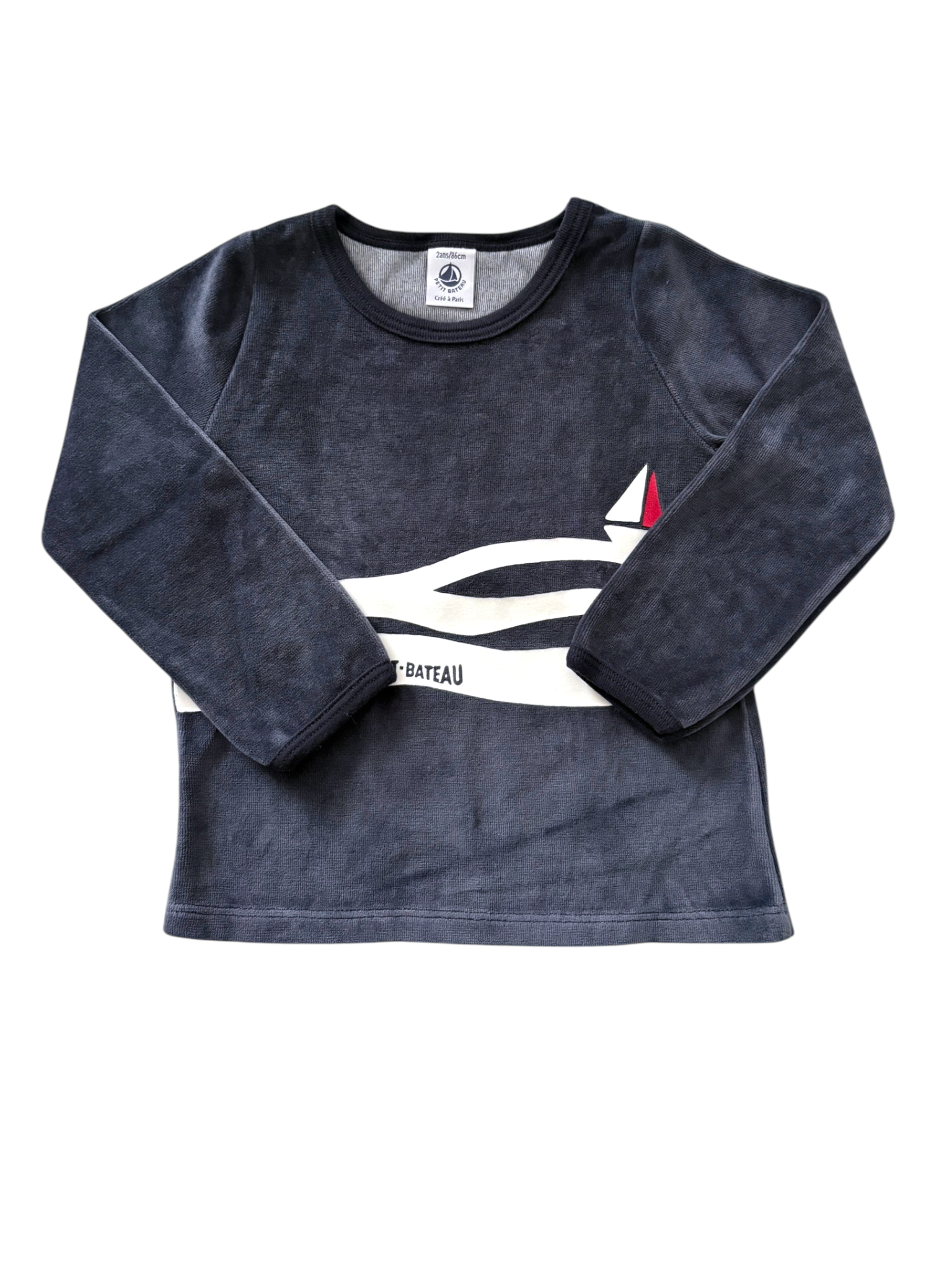 Petit Bateau Boy Navy Sailboat Velour Top, 2Y / 86