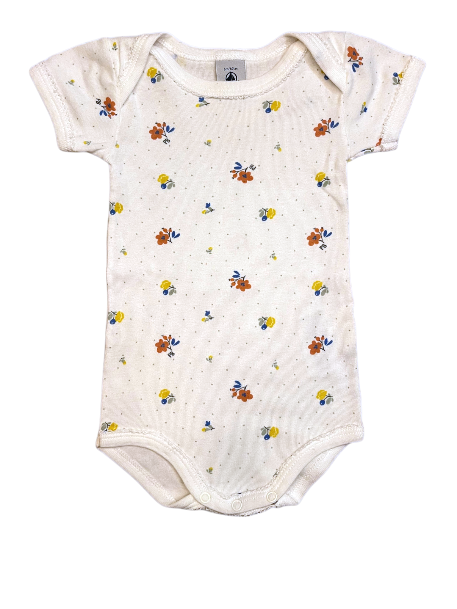 Petit Bateau Short Sleeve Bodysuit in White Floral size 6M (67 cm) - second hand baby clothing