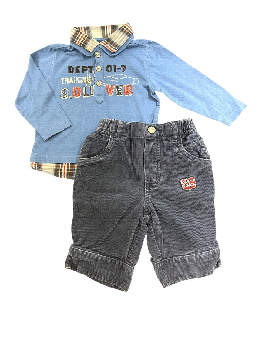 s.Oliver Boy Blue Polo & Corduroy Trousers Set, Top 68 / Trousers 62 - second hand baby clothing