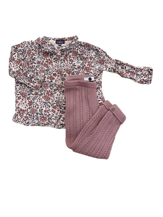 Sergent Major Girl Beige Plum Floral Blouse & Mauve Cable Knit Leggings Set, 3M / 60 - second hand baby clothing