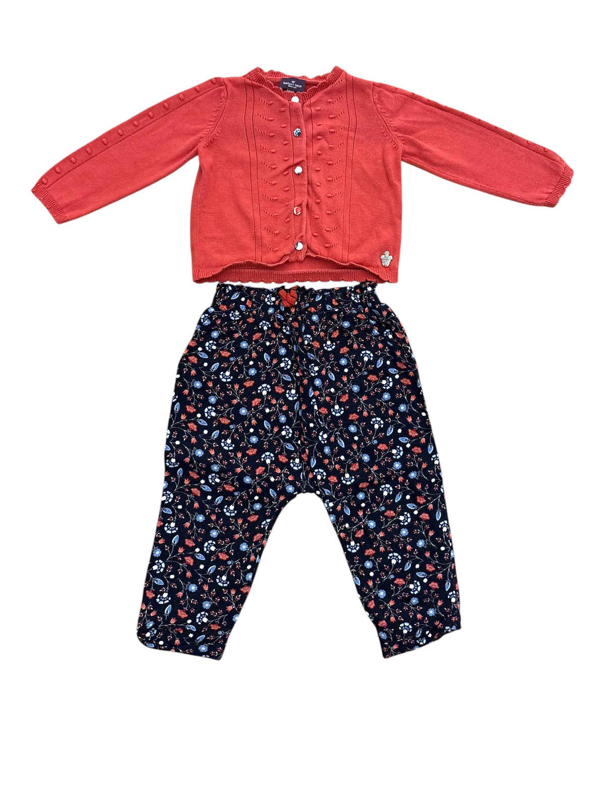 Sergent Major Girl Rust Pointelle Cardigan & Navy Floral Trousers Set, 12M / 74 - second hand baby clothing