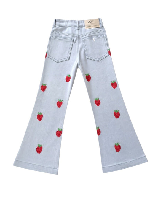 Stella McCartney Kids Girls Light Blue Sequin Strawberry Denim Flared Jeans, 5Y / 110 - second hand baby clothing