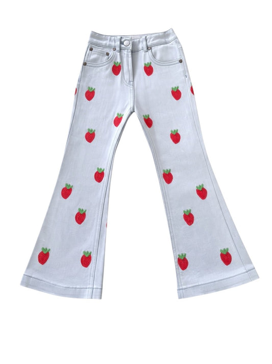 Stella McCartney Kids Girls Light Blue Sequin Strawberry Denim Flared Jeans, 5Y / 110 - second hand baby clothing