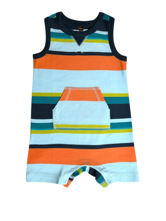 Tea Collection Boys Orange & Blue Striped Cotton Romper, 18-24M - second hand baby clothing