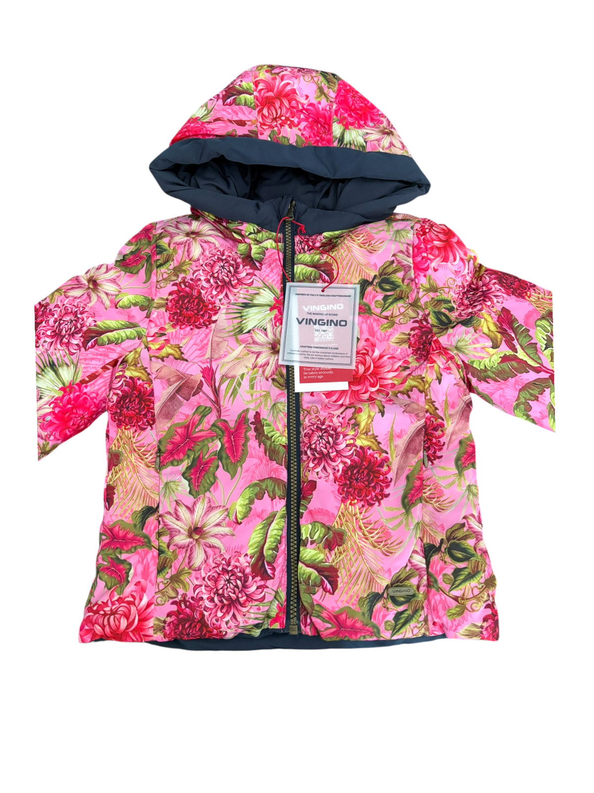 Vingino Girl Pink Floral and Navy Reversible Hooded Jacket, 5–6Y, 8Y