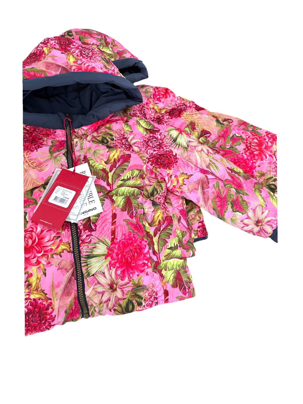 Vingino Girl Pink Floral and Navy Reversible Hooded Jacket, 5–6Y, 8Y